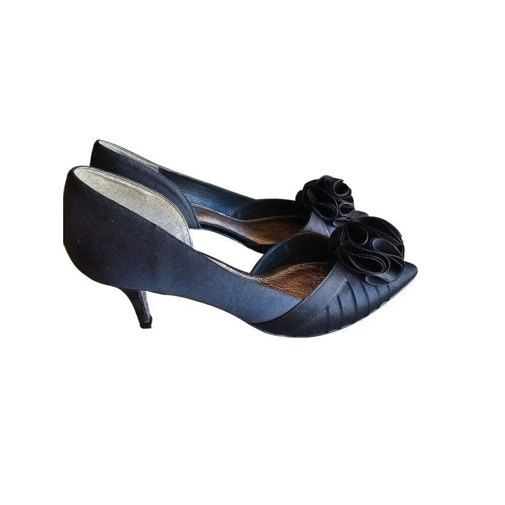 Black Satin Peep Toe Heels With Rosette Detail 3.5